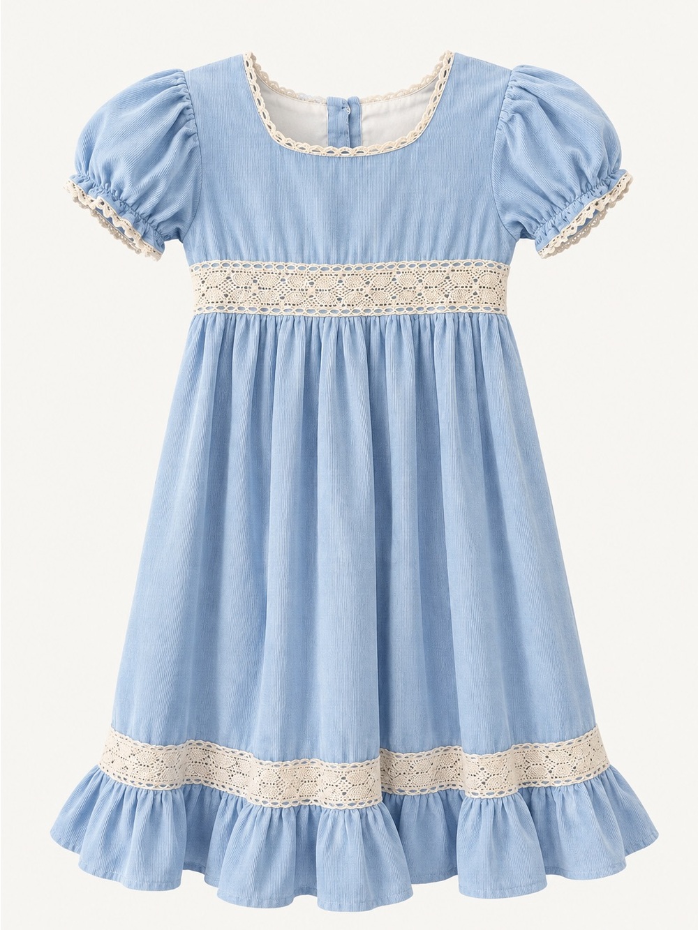 Smockingbird Girls Blue Cotton Lace Dress Puff Sleeve Ruffle Size 5